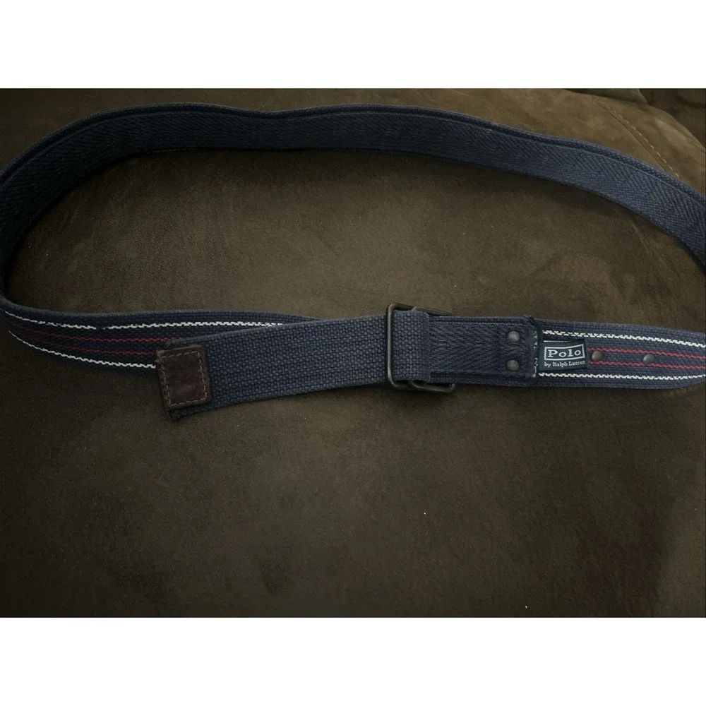 Vintage Polo Ralph Lauren D ring belt 58 inches long blue, Red , leather ends